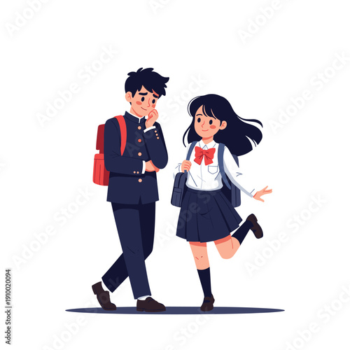 Japanese high school students in uniform walking together cute flat illustration