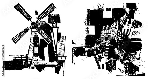 Stylized windmill with halftone blades beside fragmented cityscape, vector art, graphic design, urban decay, abstract composition, black and white illustration.