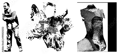 Stylized human figure with arms, abstract fragmented shape, halftone textured mannequin torso, graphic art, vector illustration, design, fashion display.