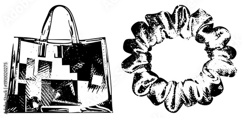 Fashion tote bag with abstract geometric design, paired with textured scrunchie, both rendered in high contrast halftone vector art, ideal for graphic design or print.