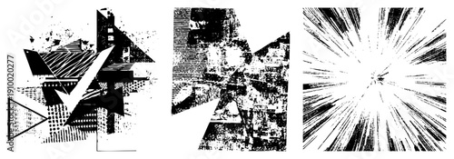 Black and white graphic art featuring fragmented shapes, halftone textures, and angular forms, ideal for modern design or layouts.