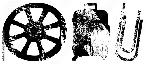 Distressed black and white vector film reel, rolling suitcase, paperclip. Textured, gritty,, graphic design elements.