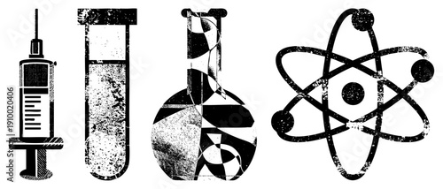 Medical syringe, test tube, beaker, atomic model lab tools, science symbols, chemistry, research equipment, scientific illustration.