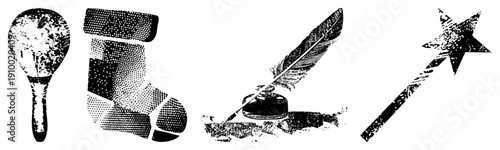 Retro stylized maraca drum, holiday, quill pen, magic wand, halftone dot, vector art, isolated symbols.