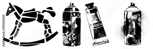 Black and white vector art of spray can, paint tube, and rocking horse with fragmented halftone, urban graffiti tools, creative studio props, isolated graphic elements.