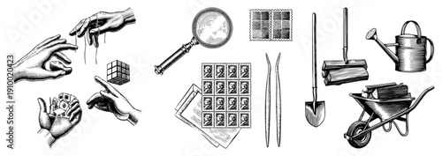 Hands solving ’s cube, handling puzzle pieces, using magnifying glass, tongs, stamps, shovel, wheelbarrow, watering can intricate vector illustration,, technical drawing style.