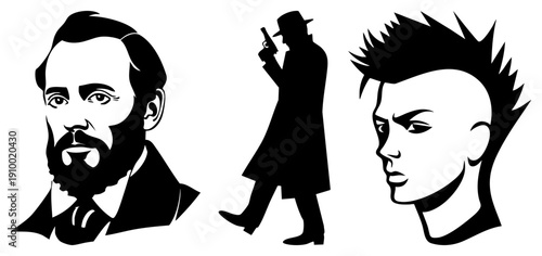 Graphic vector portraits bearded man, trench coat gunman, spiky haired youth. Flat design, high contrast,. Perfect for posters, tattoos, or digital art.