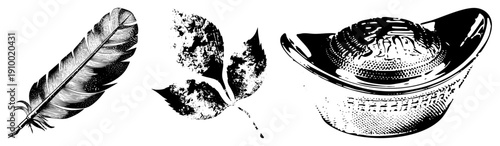 Classic feather quill, textured leaf silhouette, ornate gold ingot vector for design, illustration, or branding. Feather pen, leaf motif, gold bar symbol.