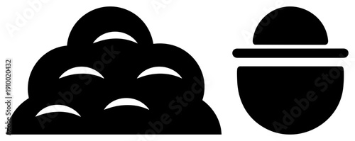 Black vector featuring cloud and bowl shapes, minimalist graphic elements, flat design, digital illustration, isolated symbols.