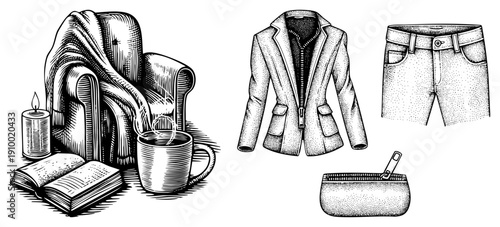 Relaxing reading setup with armchair, open book, lit candle, mug, cozy blanket, vintage sketch style, isolated elements.