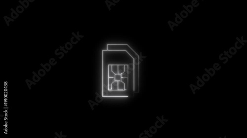Neon sim card icon animation, glowing sim card outline loop 4k motion graphic. sim card icon stroke line moving.