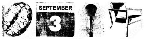 Coffee bean texture, September 3rd date graphic, makeup brush tool, modern chair design all vector with halftone texture and isolated foregrounds.