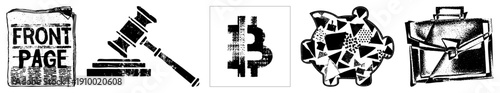 Newspaper front page, judicial gavel, Bitcoin symbol, geometric piggy bank, briefcase, vector set, business finance legal.