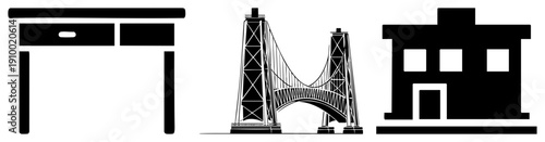 Flat vector depicting Shinto shrine, suspension bridge, and house, isolated symbols, architectural, urban and cultural landmarks.