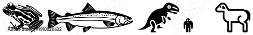 Frog, salmon, dinosaur, sheep rendered as clean vector, isolated foreground, flat design, stylized animal, graphic symbols for UI or education.