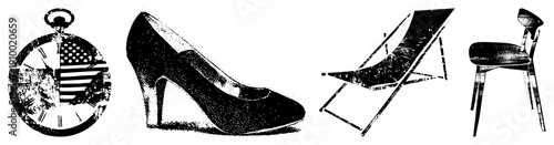 Retro pocket watch showing USA flag, elegant high heel, classic beach lounge chair, minimalist modern chair, halftone vector art, isolated foreground elements.