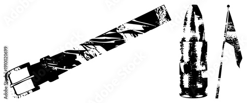 Black and white vector of combat belt, ammunition, and flag with distressed texture, tactical gear, military symbols, stencil art, combat equipment.