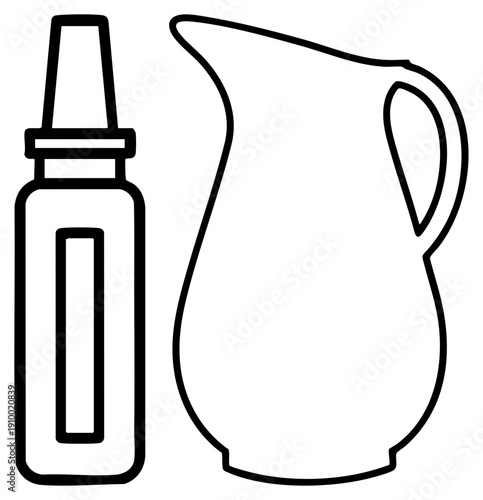 Simple black art of dropper bottle and pouring pitcher, minimalist kitchen or lab tools, style, isolated vector graphics.