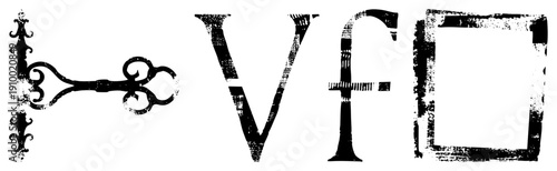 Decorative antique key with scrollwork, distressed typographic letters Vf, grunge textured square frame, vector design, vintage aesthetic.