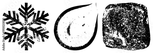 Black and white vector featuring snowflake, teardrop, and ice cube with distressed texture, isolated graphic elements, halftone grain effect, minimalist design.