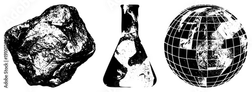 Scientific symbols rough rock specimen, lab conical flask, gridded globe, educational, STEM subjects, black and white vector graphics.
