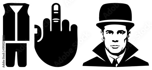 Minimalist black vector formal suit, defiant hand gesture, vintage gentleman in bowler hat. Flat design, bold, symbolic, graphic symbols.