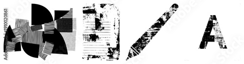 Fragmented black and white geometric forms with halftone, distressed textures, and graphic design elements, ideal for modern art or digital composition.