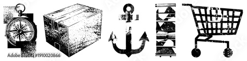 Set of five compass for navigation, crate for shipping, anchor for maritime, ladder for, shopping cart for retail. Halftone texture, isolated vector symbols.