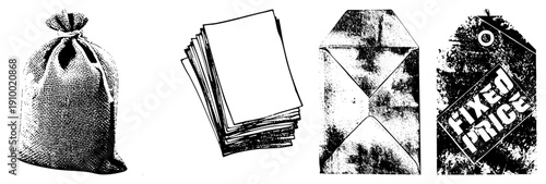 Textured burlap sack tied shut, neat paper stack, abstract geometric tag, bold “Fixed Price” label, vector.