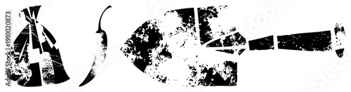 Distressed vector of chili pepper, torn paper fragments, and fragmented organic forms, high contrast, gritty texture, graphic design elements.