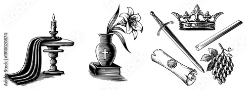 Sacred symbols crown, sword, lily, candle, scroll, grapes,, vase, altar, representing, faith, purity, and.