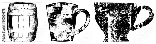 Rustic barrel with staves and metal bands, weathered ceramic mugs with handles, halftone texture, vintage aesthetic, grunge style, isolated objects.