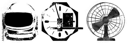 Retro helmet, analog clock, standing fan halftone vector, graphic, stylized tech symbols, isolated design elements.