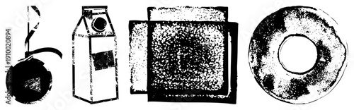 Retro beverage packaging, donut, coffee mug, halftone print, distressed vector art, food and drink, stylized snack items.