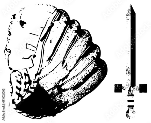 Classic leather baseball mitt with lacing and, paired with a medieval sword with and pommel, stylized halftone texture.