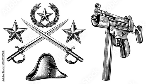 Historical military insignia featuring swords, laurel wreath, stars, and submachine gun, engraved vector illustration, war symbol, combat gear.