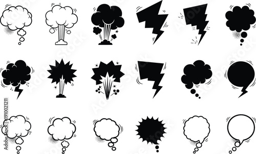 Vector set of diverse black silhouette comic-style cloud, smoke, and lightning bolt speech bubbles