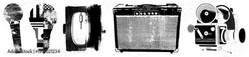 Retro tech symbols rendered in halftone, microphone, lightbulb, computer mouse, amplifier, film projector, stylized tech, vector art.