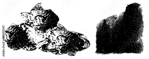 Stylized rock pile with halftone dot texture, abstract geometric block, vector art, black and white, graphic design element, isolated shapes.