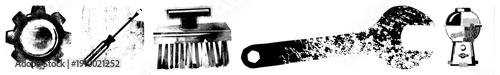 Gear, screwdriver, brush, wrench, gumball machine rendered as halftone vector, mechanical repair symbols, isolated tool set for design use.