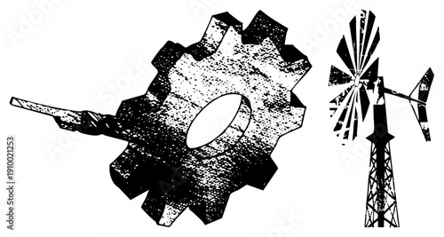 Black and white halftone gear and windmill vector, mechanical engineering symbols, industrial design elements, machinery motifs, technical illustration.