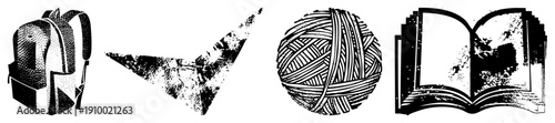 Retro backpack, approval checkmark, skein of yarn, open book all rendered in halftone dot, vector art, educational or creative set.
