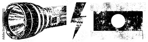 Retro style flashlight with ribbed barrel and circular lens, paired with stylized lightning bolt symbol, halftone graphic, isolated vector design.