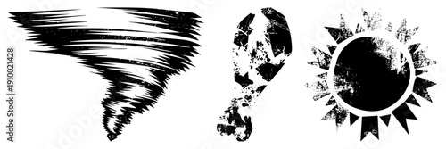 Weather with distressed texture, tornado swirl, footprint trail, sunburst design, vector graphic, isolated elements, stylized nature symbols.