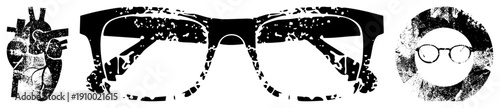 Graphic of heart and eyeglasses with gritty texture, medical symbol, vision aid, design, vector art, abstract illustration.