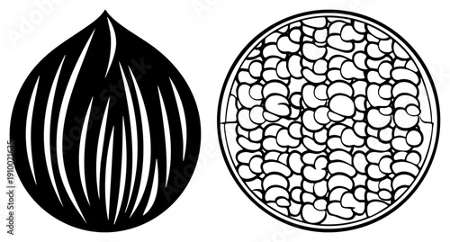 Graphic design featuring onion silhouette and bean filled bowl, minimalist food, culinary symbol, stylized produce, flat vector art.