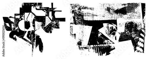 Fragmented abstract shapes with halftone textures, graphic composition, bold geometric forms, vector art, design, stylized collage, digital illustration.