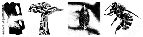 Stylized vector in bee with textured wings, leaf with vein, geometric tree, and jug with halftone gradient. Isolated design elements for UI or print.
