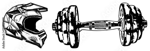Protective motorcycle helmet with geometric design, dumbbell weightlifting gear, fitness equipment, black and white halftone style, isolated vector graphics.
