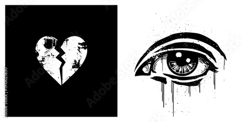 Two symbolic vector graphics a cracked heart with grunge texture, and a teary eye with dripping ink. Emotionally expressive,, stylized for grief or surveillance themes.